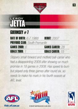 2010 Select AFL Champions #63 Leroy Jetta Back